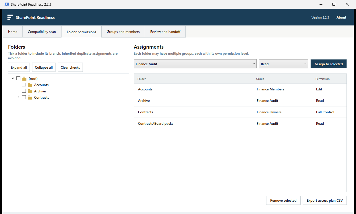 SharePoint Readiness folder permissions page showing proposed groups and access levels